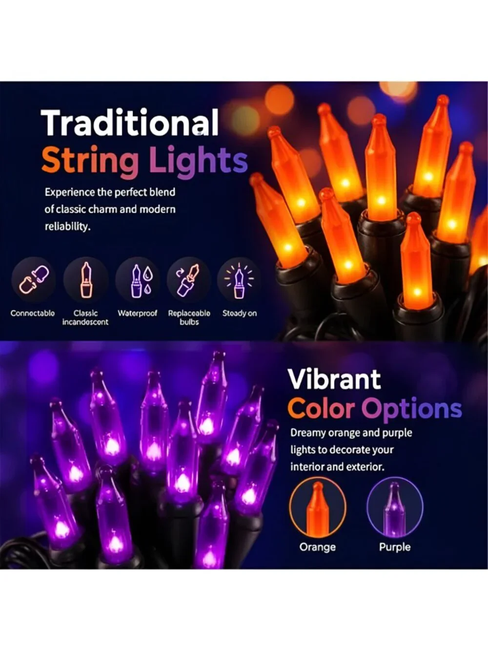 Purple and Orange Halloween Lights, 20FT 100 Count Incandescent Mini String